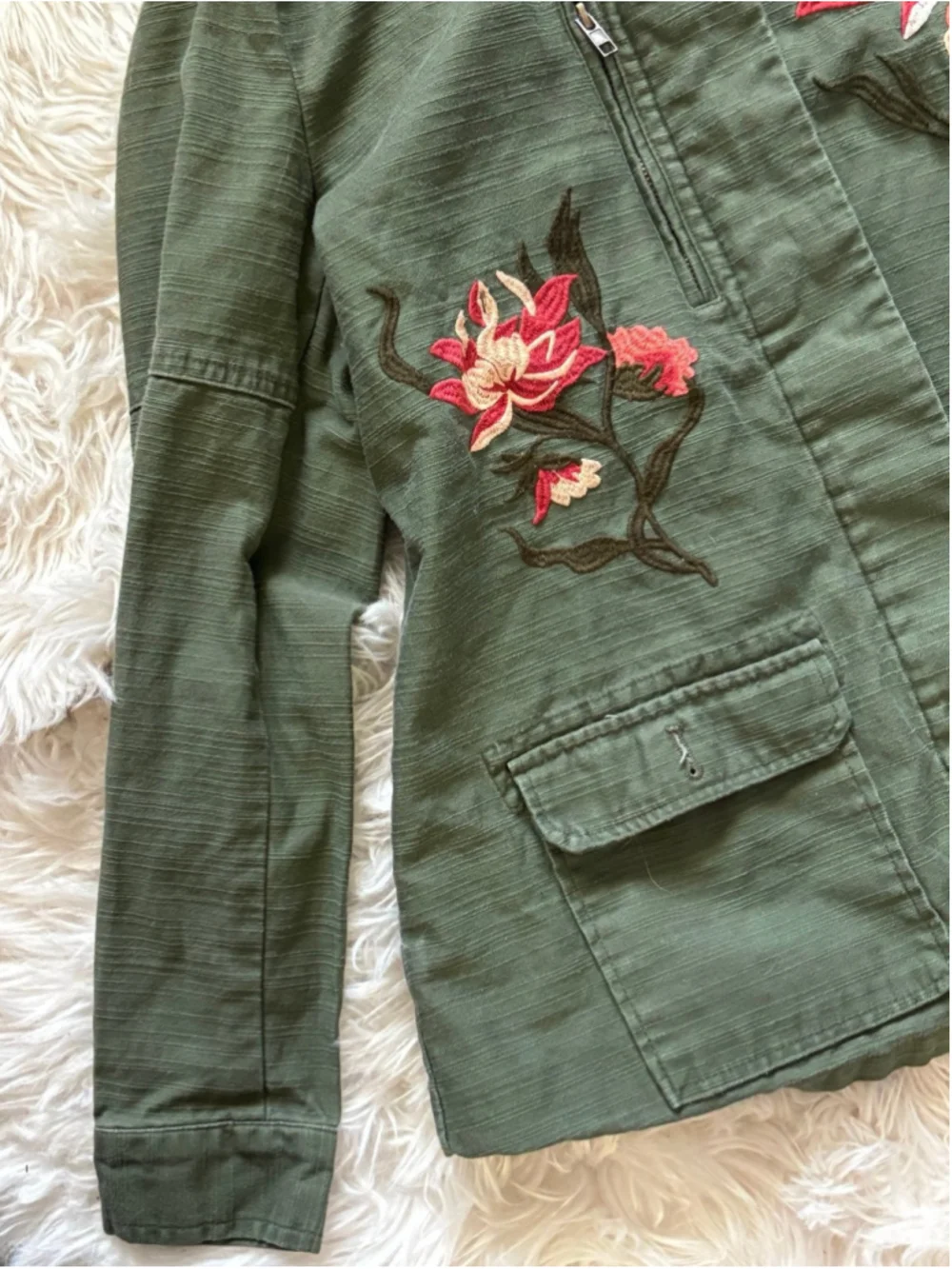 Christopher & Banks Army Green Embroidered Flowers Button Up Jacket Size small